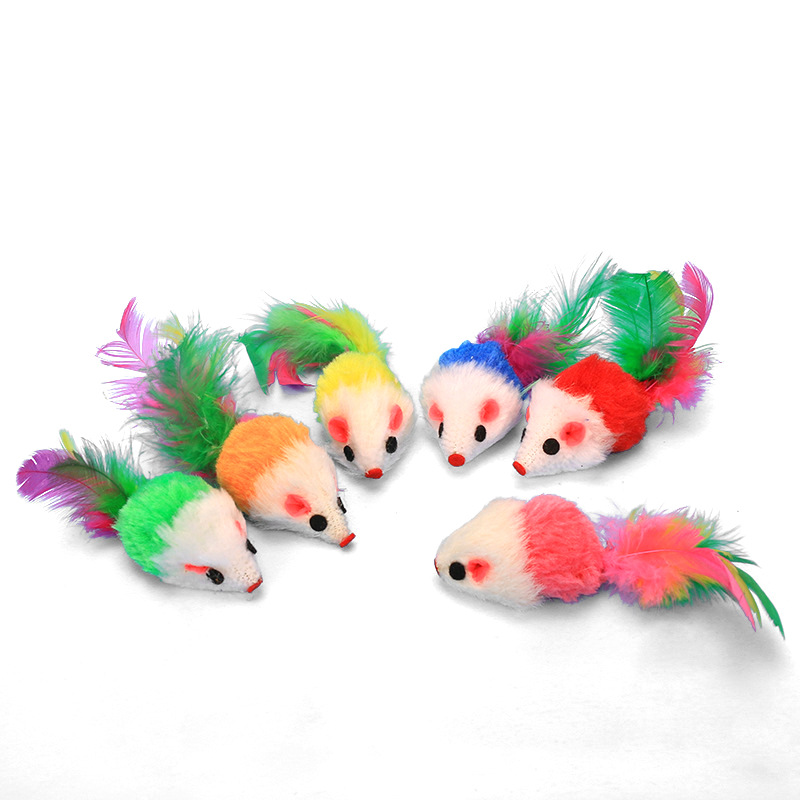 Colorful Feather Tail Plush Little Mouse Funny Cat Mouse Cat Toy Realistic Mouse