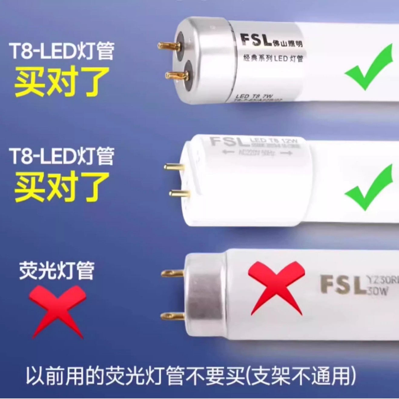 FSL Foshan Lighting LEDT8 Tube Integrated Double End Power Supply Bracket Household Glass Fluorescent Light Source