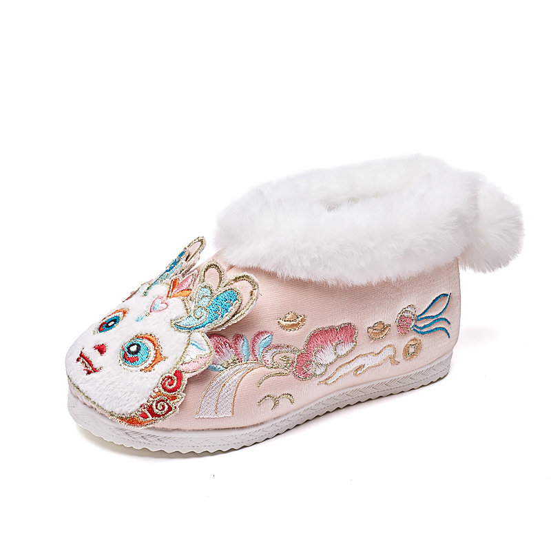 2025 Winter Cotton Shoes in Stock, Short Boots for Girls, Hanfu Shoes, Fleece-Lined and Thickened, Little Dragon Girl New Year Shoes, Chinese Style