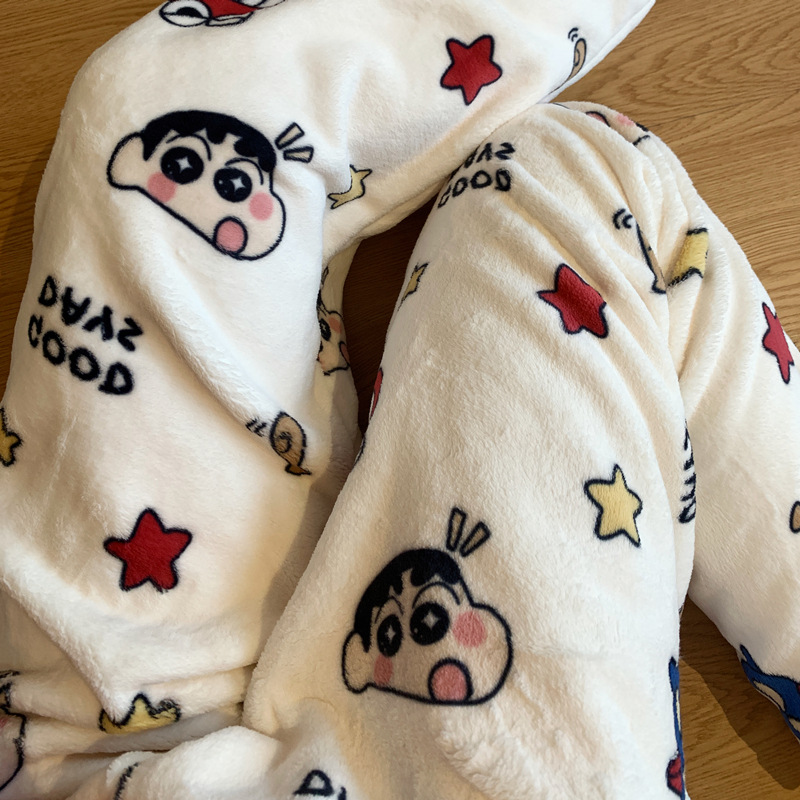 Cute Cartoon Crayon Shin New Pajama Pants Women's Pants Autumn and Winter Warm Coral Fleece Flannel Casual Home Pants