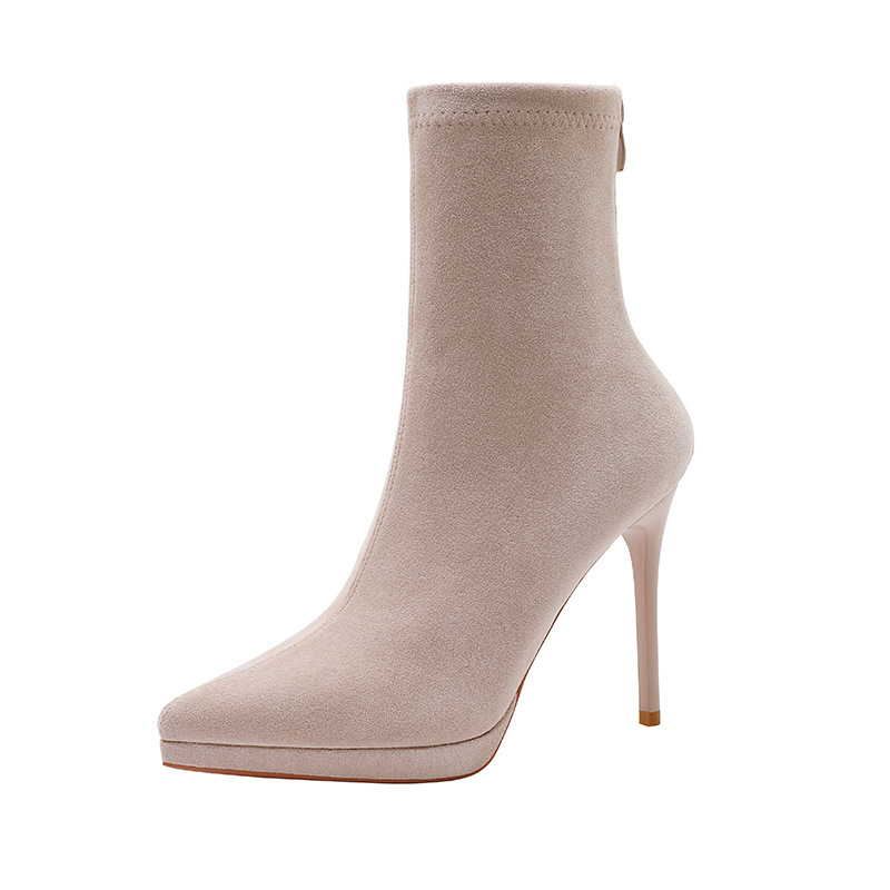 Autumn and Winter Nude Slim Boots High Heels Women's Stiletto French Style Short Boots Waterproof Platform Suede Pointed Toe Elastic Boots
