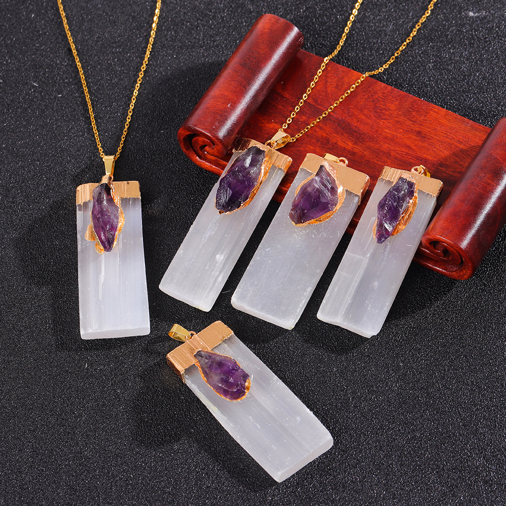 Irregular White Plaster Pendant Necklace Natural Square Rough Stone Inlaid with Amethyst Pendant Crystal Pendant European and American Jewelry
