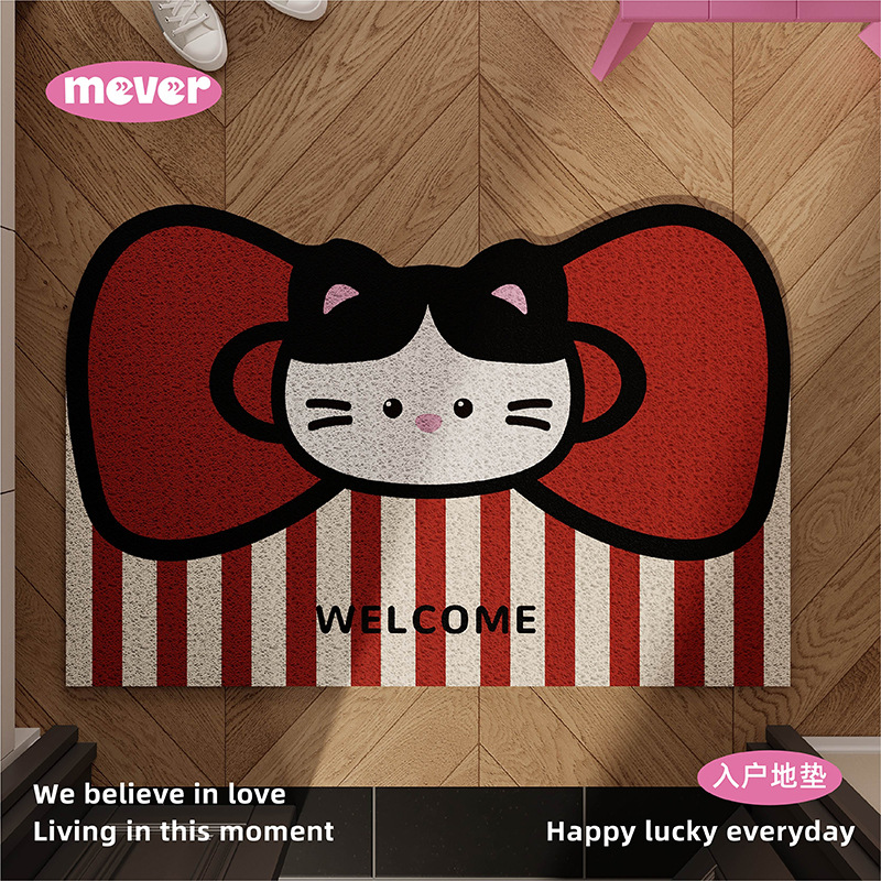 Korean-Style Pink Kt Cute Cat Entrance Floor Mat Silk Loop Non-Slip Foot Mat for Entryway Door Outside Mat, Can Be Cut