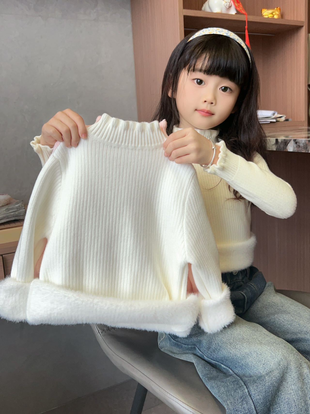 New Kidsren's All-In-One Velvet Knitwear Fleece-Lined Korean Style Fungus Lace Collar Bottoming Shirt Baby Warm Knitwear Kidsren's Clothing