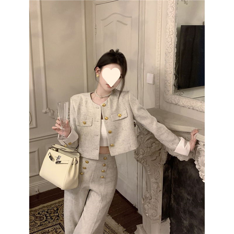 High-End French-Style Petite Fragrance Suit for Women, Spring and Autumn Outfit, Light Luxury High-End Jacket and Pants Two-Piece Set