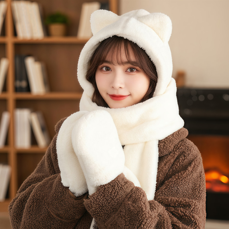 Plush Hat for Women in Autumn and Winter, Windproof, Fleece-Lined, Thickened, Warm for Cycling, Cute Bear Scarf, Gloves, Three-Piece Set, Integrated Hat