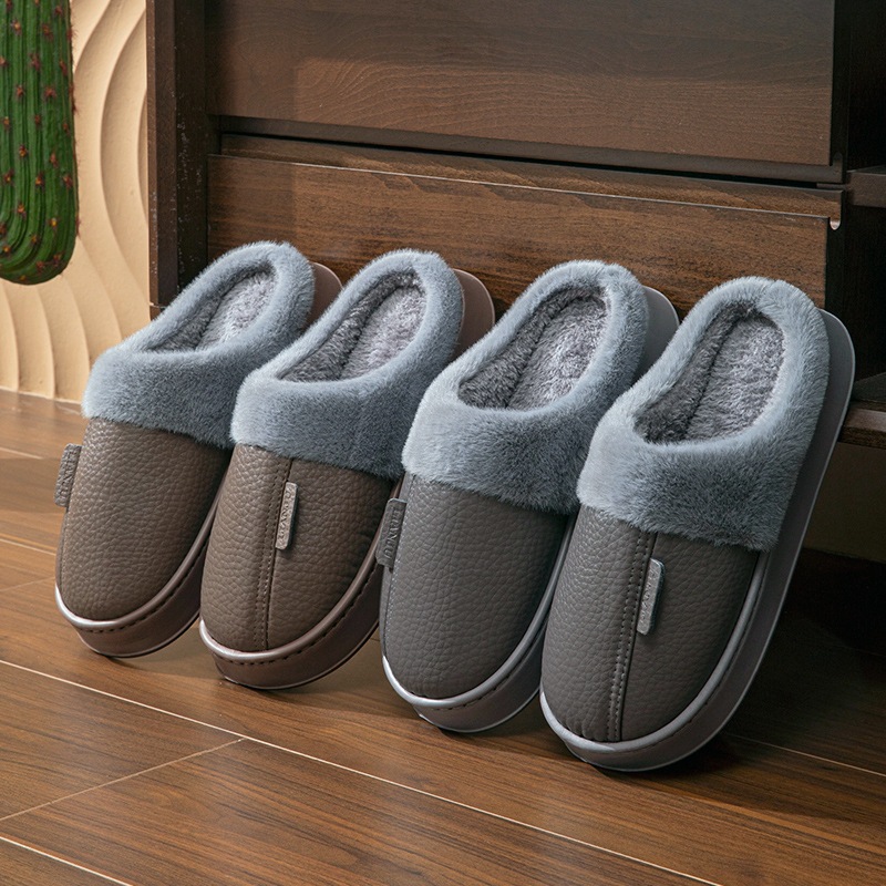 New winter extra-large cotton slippers men and women PU leather slippers waterproof thick-soled home indoor non-slip warm shoes 50