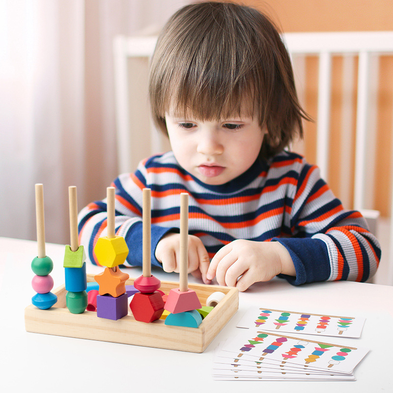 Children's Montessori Early Education Set Column Geometric Shape Matching Graphic Teaching Aids Building Blocks Wooden Beads Benefit Intelligence Toys
