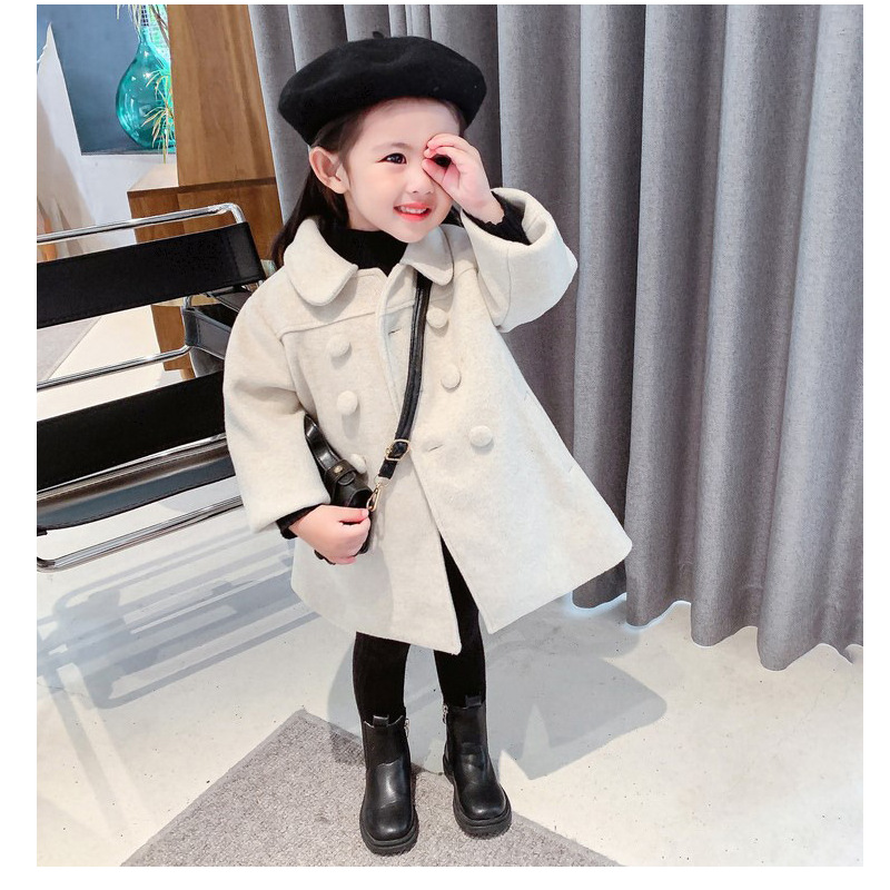Girls' tweed coat winter new children's clothing children's thickened solid color coat children's double-breasted mid-length coat