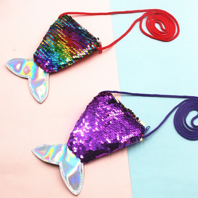 Sequin Mermaid Lanyard Coin Bag Small Wallet Kidsren's Cross-Body Bag Fish Tail Two-Color Sequin Coin Purse for Women