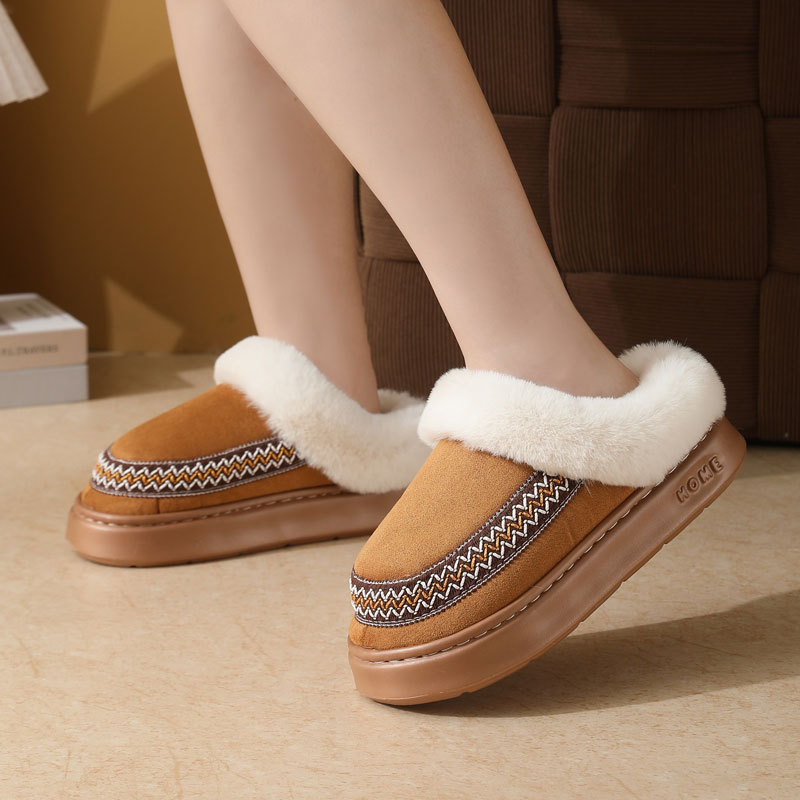 Cross-Border New Lace Fashion Home Cotton Slippers Wholesale Women's Indoor Warm Slippers Non-Slip Autumn and Winter Plus Velvet Cotton Shoes