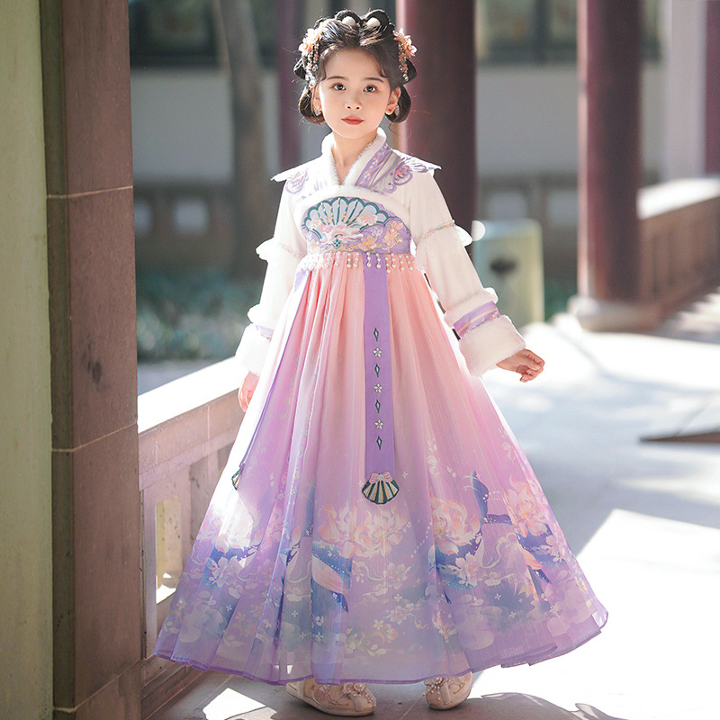 Hanfu Girls' Winter Outfit with Fleece, Chinese Style Ancient Princess Dress, Children's Autumn and Winter Thickened Ancient Style Tang Suit Dress