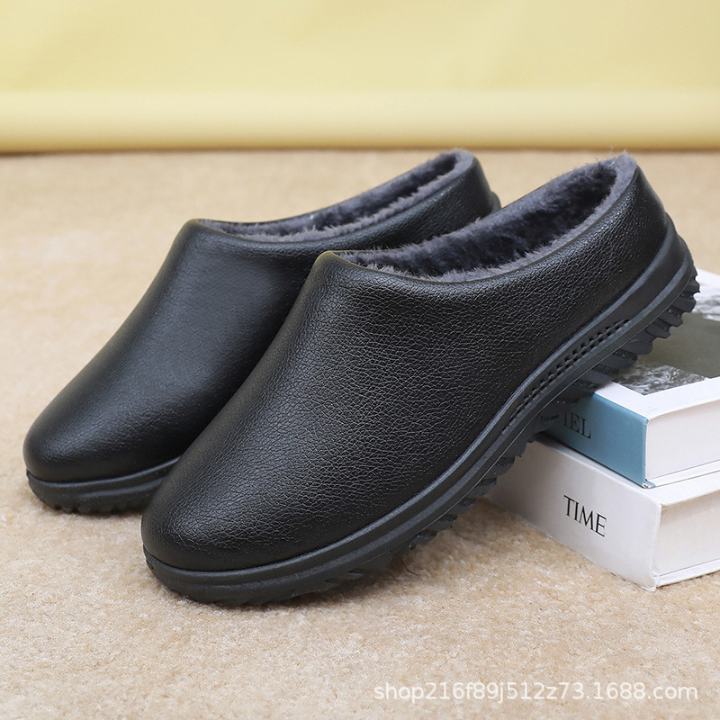Cotton Slippers for Men Indoor and Outdoor Winter Cotton Slippers for Couples Home Thick-Soled Warm Pu Surface Waterproof Men's Leather Slippers