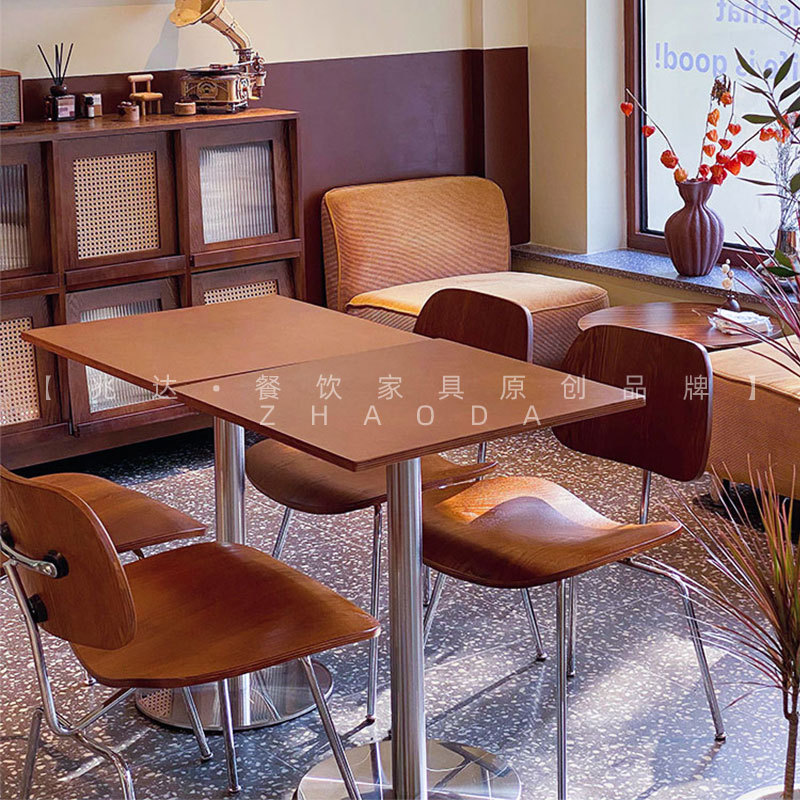 Simple Log Style Cafe Dining Table Ocean Board Western Restaurant Walnut Color Square Table Round Table Stainless Steel Table Chair