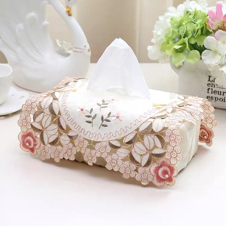 Pastoral style fabric tissue box embroidered Hollow home living room car tissue box fashion high-end fabric tissue cover