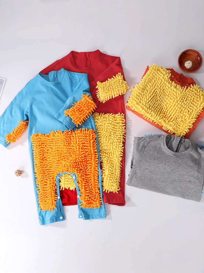 Summer Thin Baby Short-Sleeved Jumpsuit Mop Man Crawling Suit Baby Mopping Clothes to Wipe the Floor and Prevent Dirt