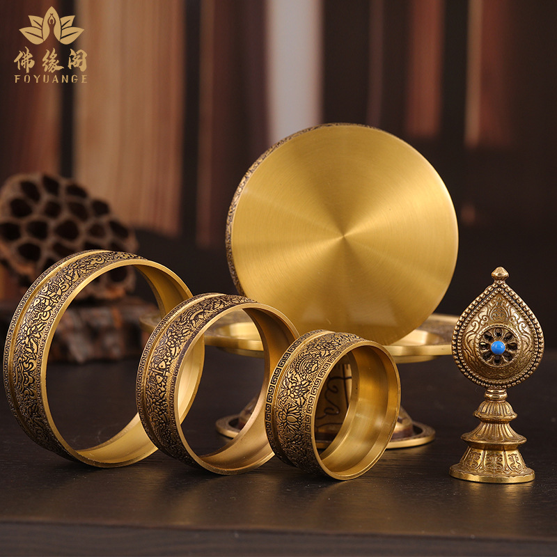 Brass Xizang-Style Mandala Plate for Offering, Nepalese-Style Mandala Plate with Eight Auspicious Symbols for Home Altar Decoration