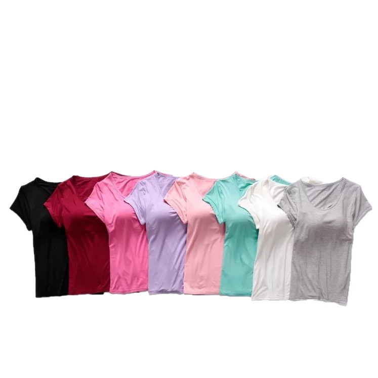 Modal Cup Short-Sleeved Bra with Breast Pads, No Rims, No Bra, Pajamas, Yoga Sports Bottoming Shirt
