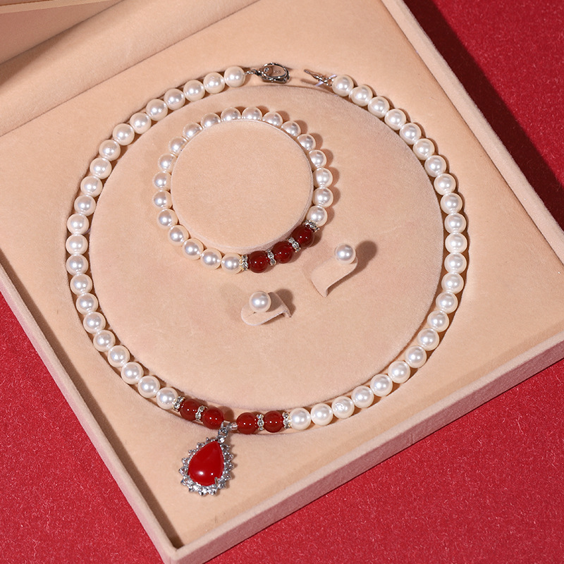 Natural Deep Sea Shell Beads Pearl Gift Set Shell Pearl Necklace Jewelry High-End Three-Piece Set of Beads