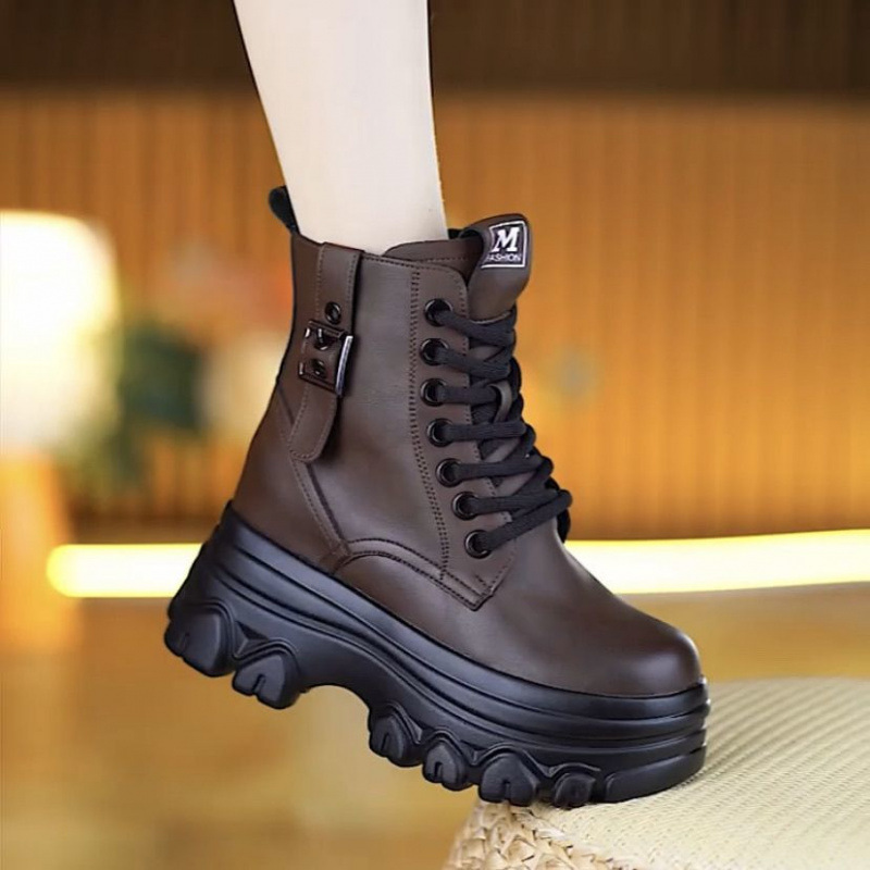 Height-Increasing Martin Boots for Women, Autumn 2025 New Style, Petite Genuine Leather Thick-Soled Ankle Boots for Women, Winter Fleece-Lined Non-Slip Warm Shoes