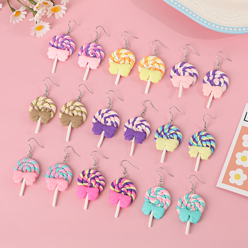 Colorful Bow Lollipop Ear Hooks Artificial Food Toy Cream Glue Soft Pottery Earrings Little Girl Sweet Earrings Jewelry