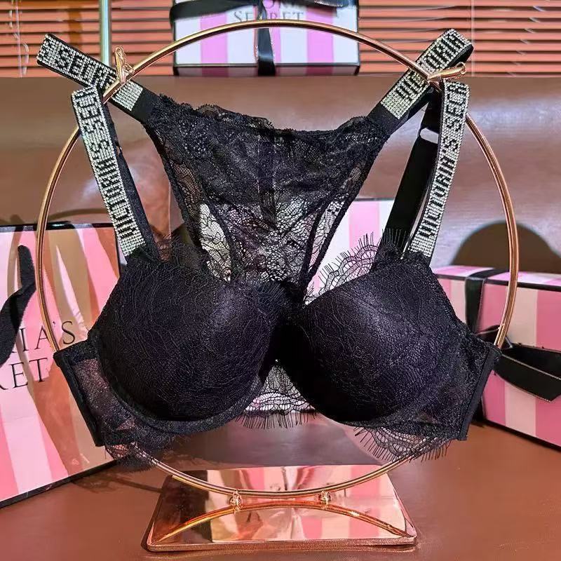 Hot-Selling Victoria's Secret Letter Rhinestone Sexy Lace Underwire Bra and Panty Set Sexy