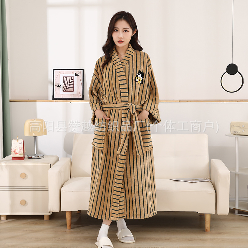 Халат с вертикальной полоской, кофейный кот, домашняя одежда для осени и зимы, утолщенное носимое полотенце для ванной, халат для пары с ремнями