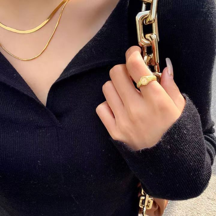 European and American Cross-Border New 520 Small Gold Watch Clock Open Ring Ins Men's and Women's Suit Adjustable Punk Style Ring