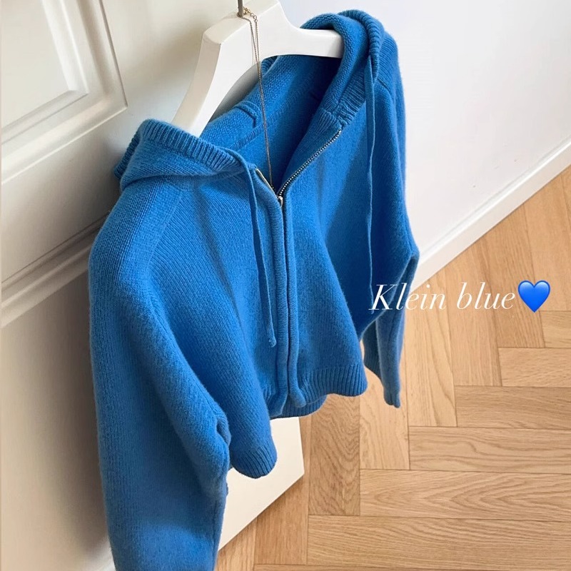 Winter Soft and Waxy Whitening Custom-Dyed Klein Blue Worsted Sheep Wool Zipper Hooded Sweater Cardigan for Women Thick New