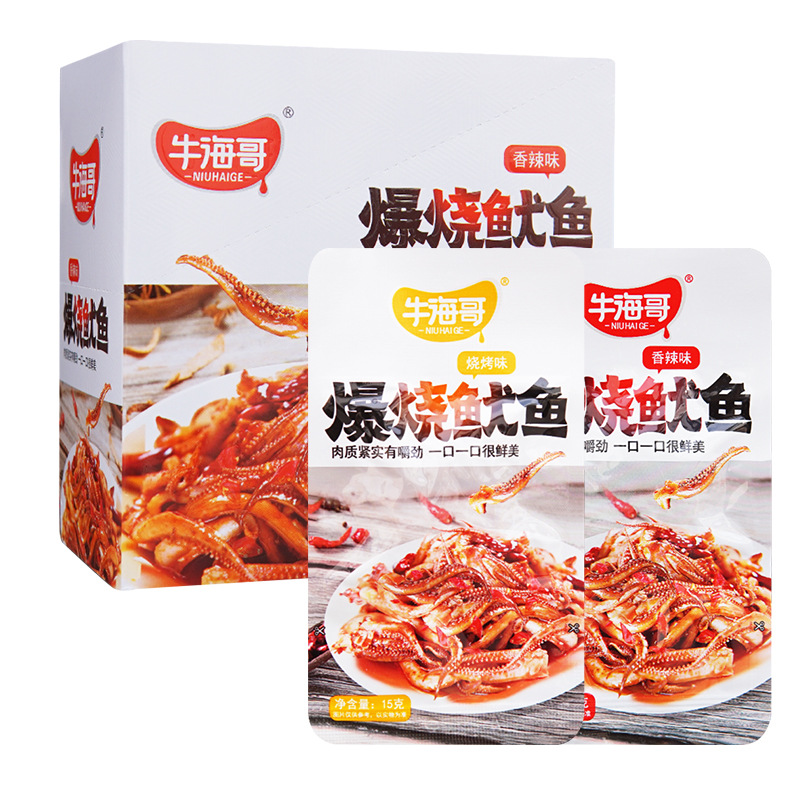 Niu Hai Ge Flaming Squid 15G/Pack Ready-To-Eat Seafood Squid Meat and Shiitake Mushroom Snack Whole Box of 20 Packs