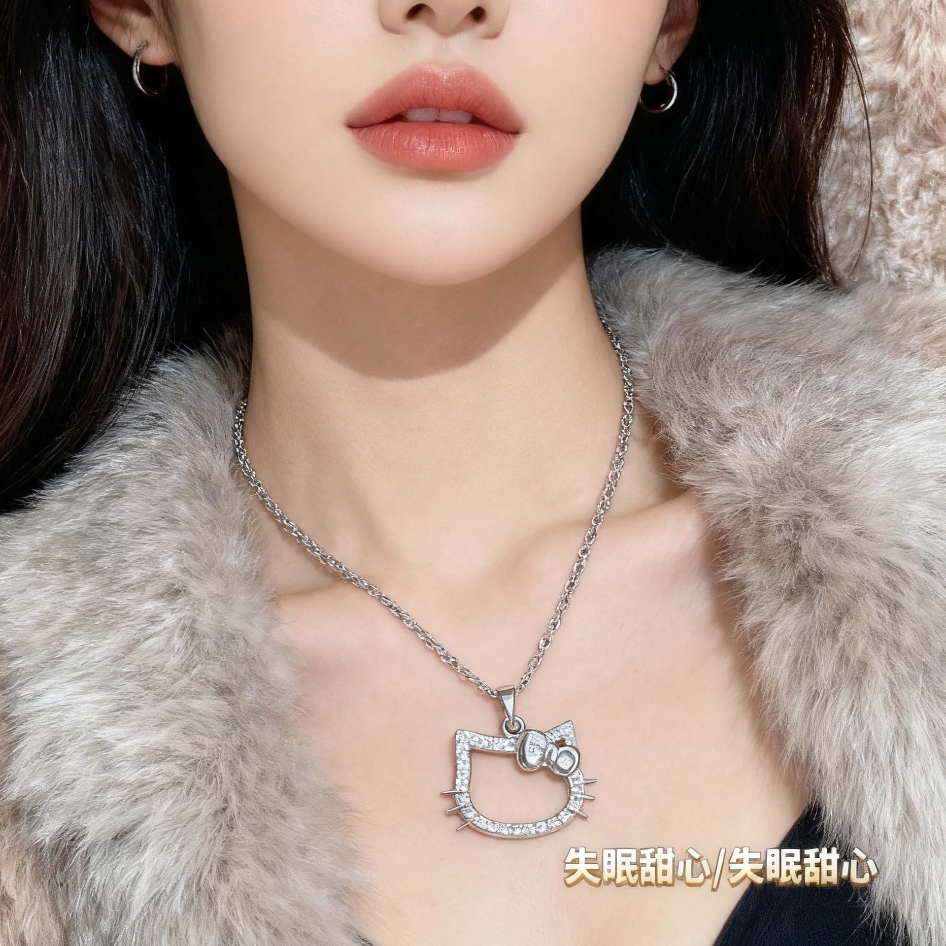 Cartoon Kitty Cat Diamond Necklace Fashionable Girly Heart Student Bestie Clavicle Chain Niche Design Sweater Chain