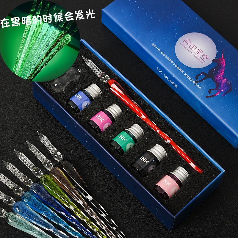 Luminous Crystal Glass Pen Starry Sky Dipped in Water Handmade Dipped Ink Pen Student Calligraphy Birthday Set