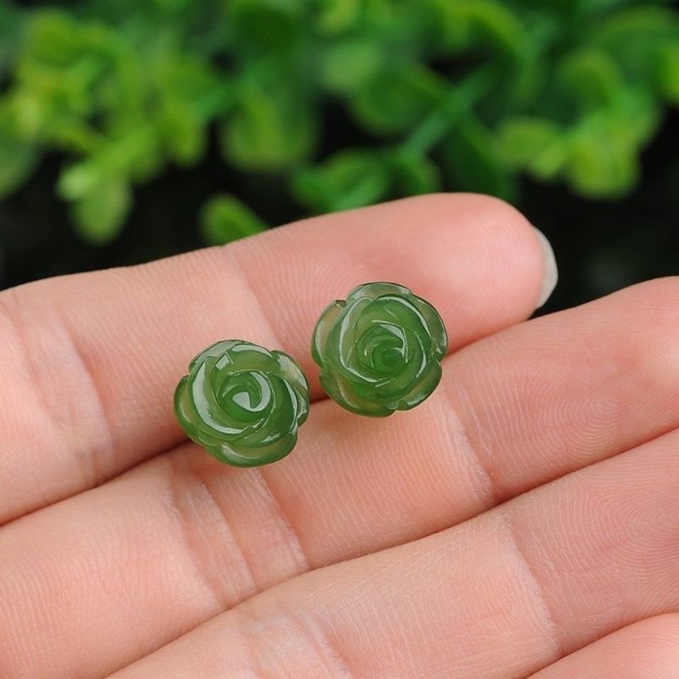 New Green Jade Authentic Women's Jade Rose Flower Earrings Women's 925 Sterling Silver Retro Style Earrings