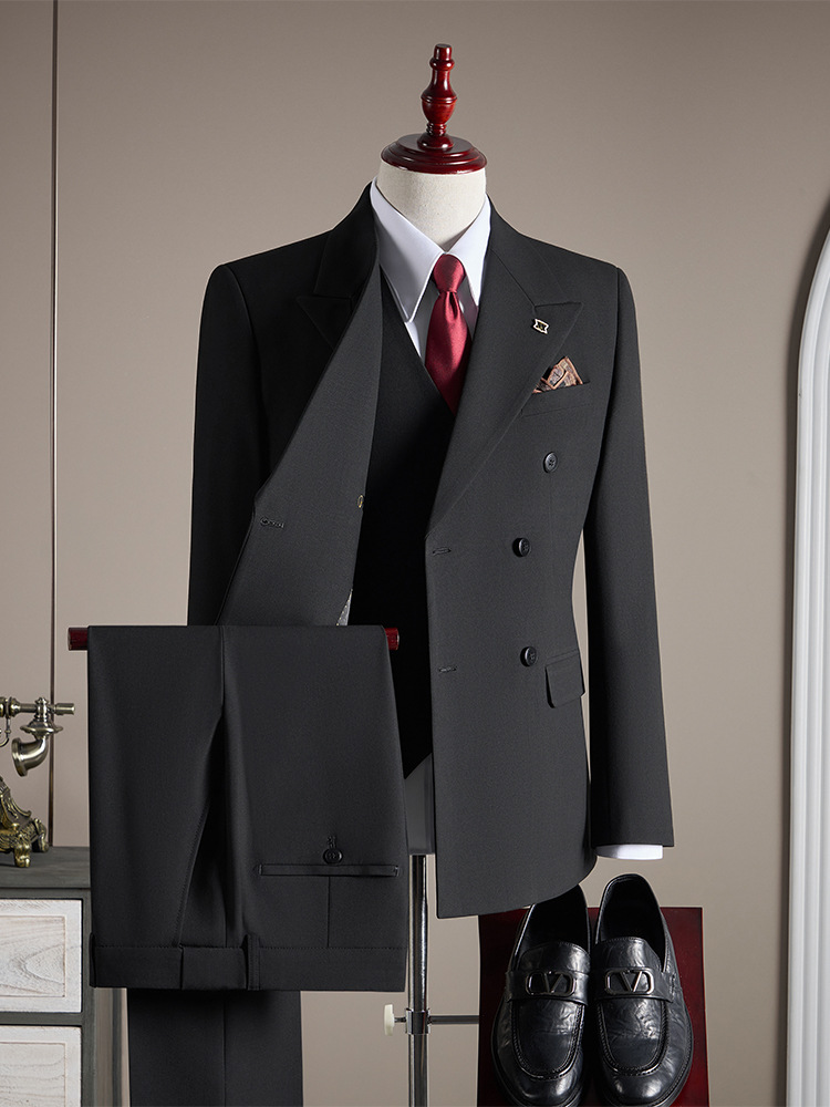 Double-Breasted Slim-Fit Suit Men's Business Formal Professional Suit Trousers Three-Piece Suit Groom and Best Man Dress
