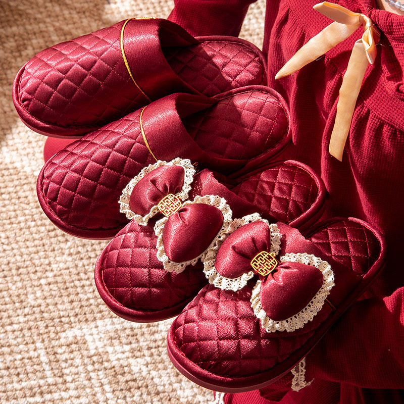 Slippers Red Wedding Pair Autumn and Winter Bride and Groom Bride Dowry Wedding Wedding Couple Slippers Baotou Non-Slip
