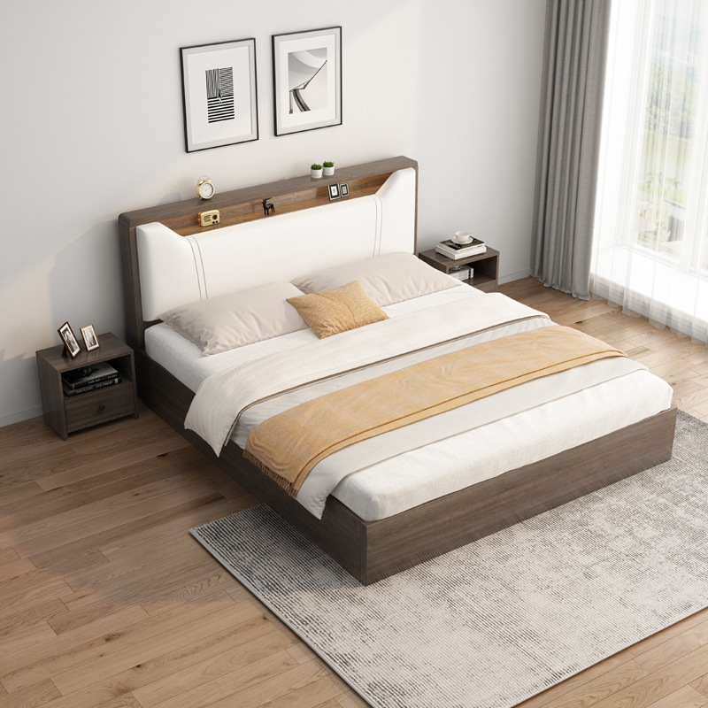 Modern Simple Solid Wood Board Bed Home Master Bedroom Double Queen Bed 1.8 m Rental House Simple Bed 1.2 m Floor Bed