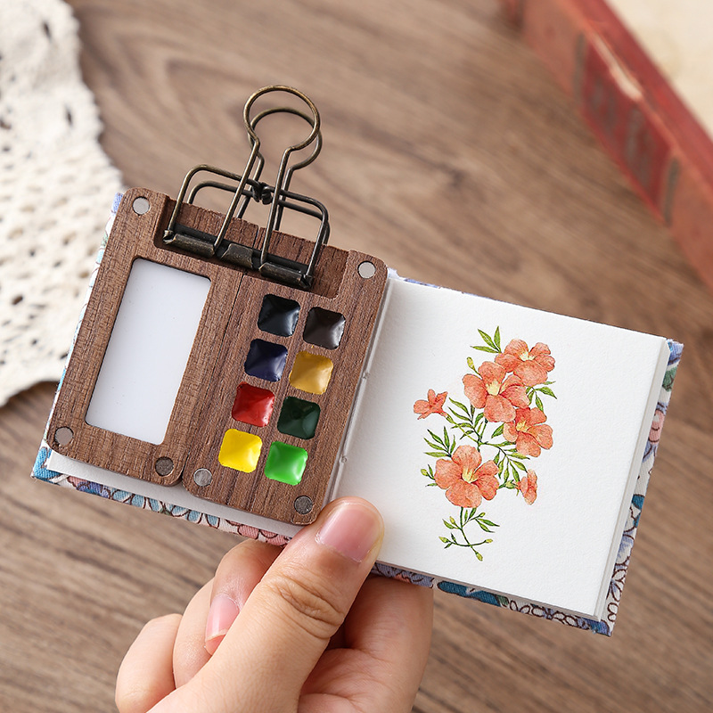 Beginner's Peach Wood Color Set Travel Mini Organizer Walnut Watercolor Sketching Paints Watercolor 8 Paint Box