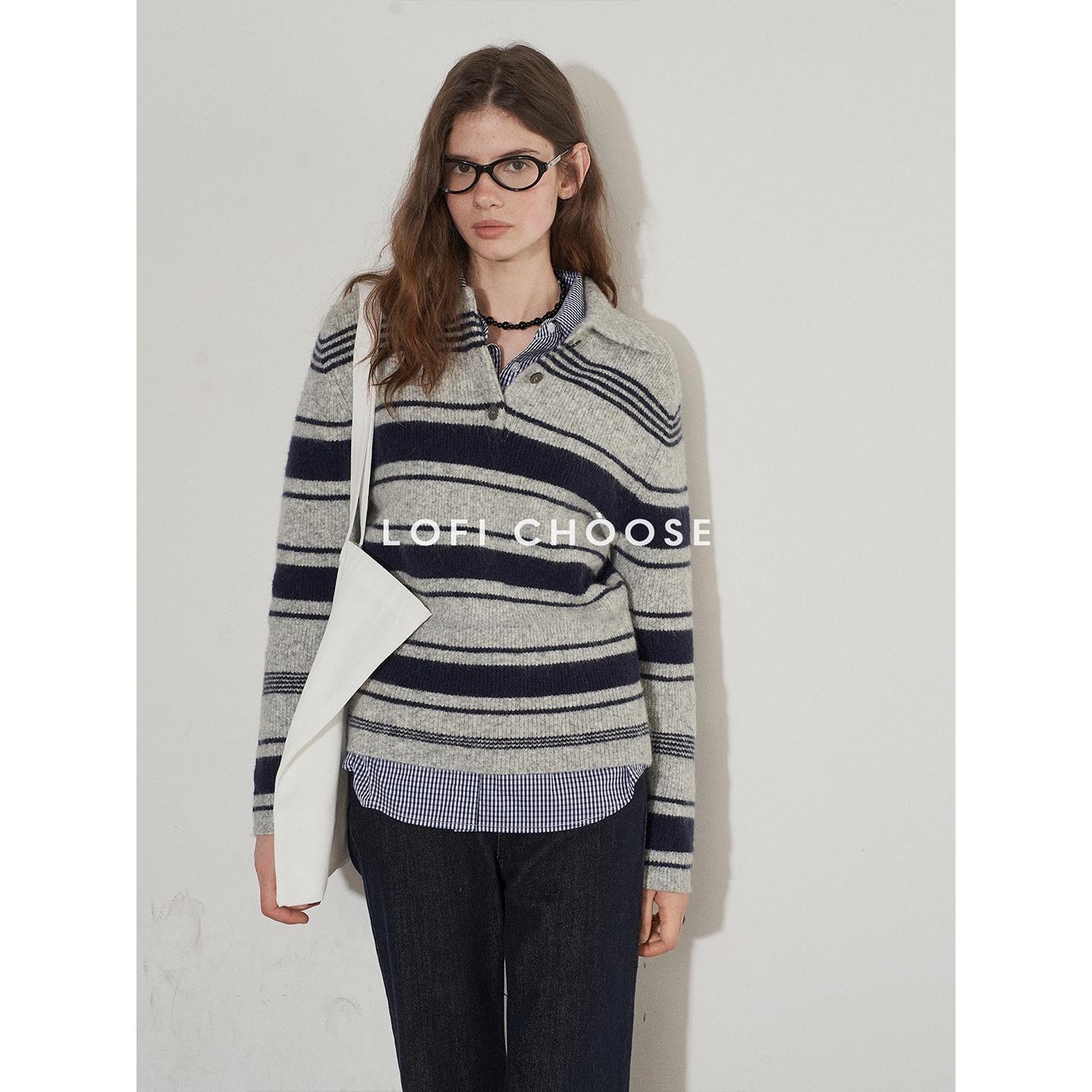 Lofi Choose Stripesd Polo Collar Knitted Sweater Women's Autum New Simple Loose Versatile Long-Sleeved Top