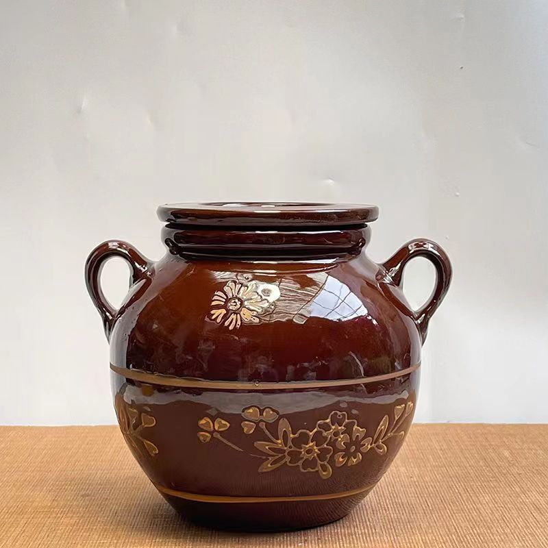 Бочка для сала с крышкой Кухонная бочка для хранения вареного старинного стиля Керамическая высокая температура Большая емкость керамический масляный кувшин