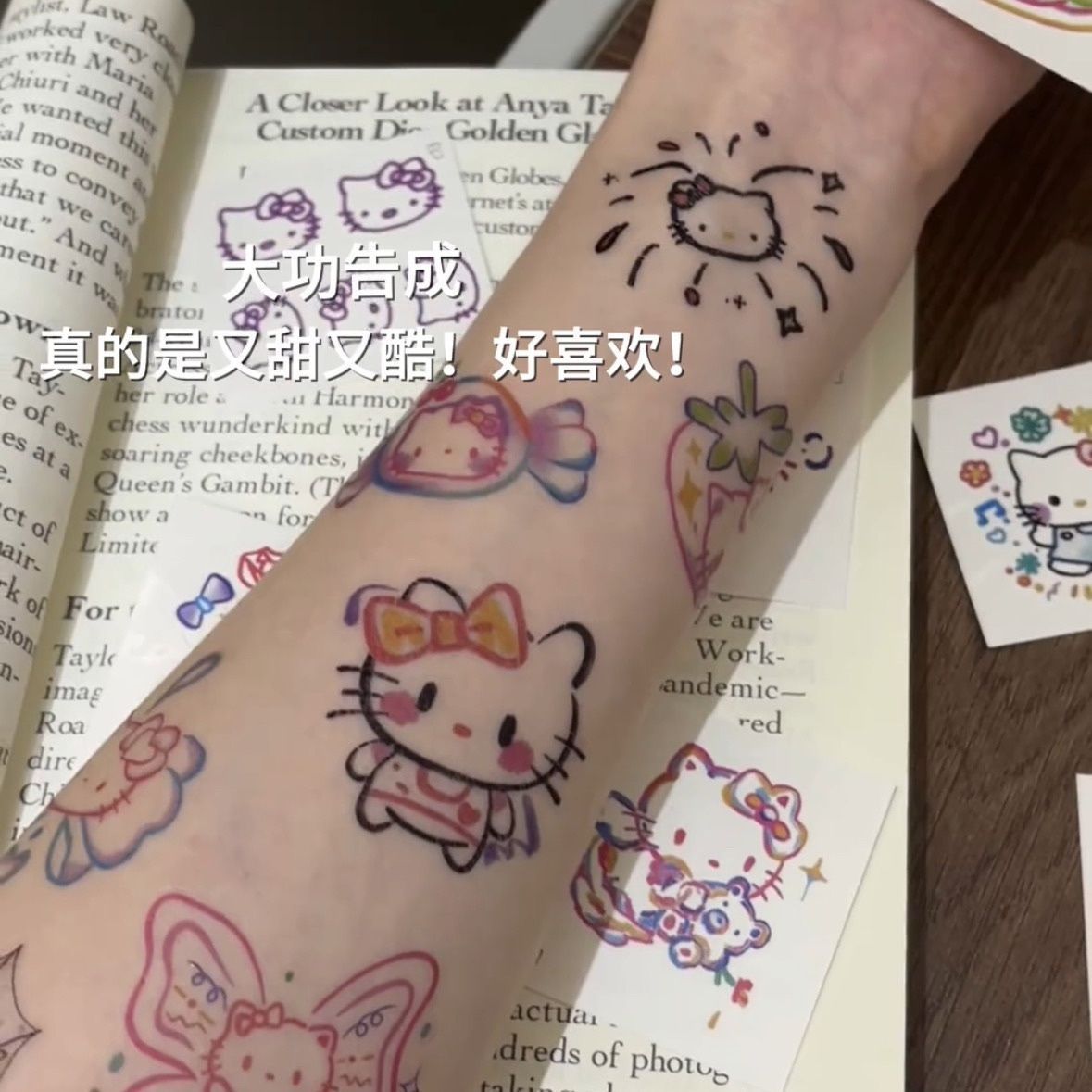 Popular Dopamine Kitty Cat Tattoo Stickers Cute Cartoon Kt Cat Hello Kitty Arm Stickers Ins Style Bow
