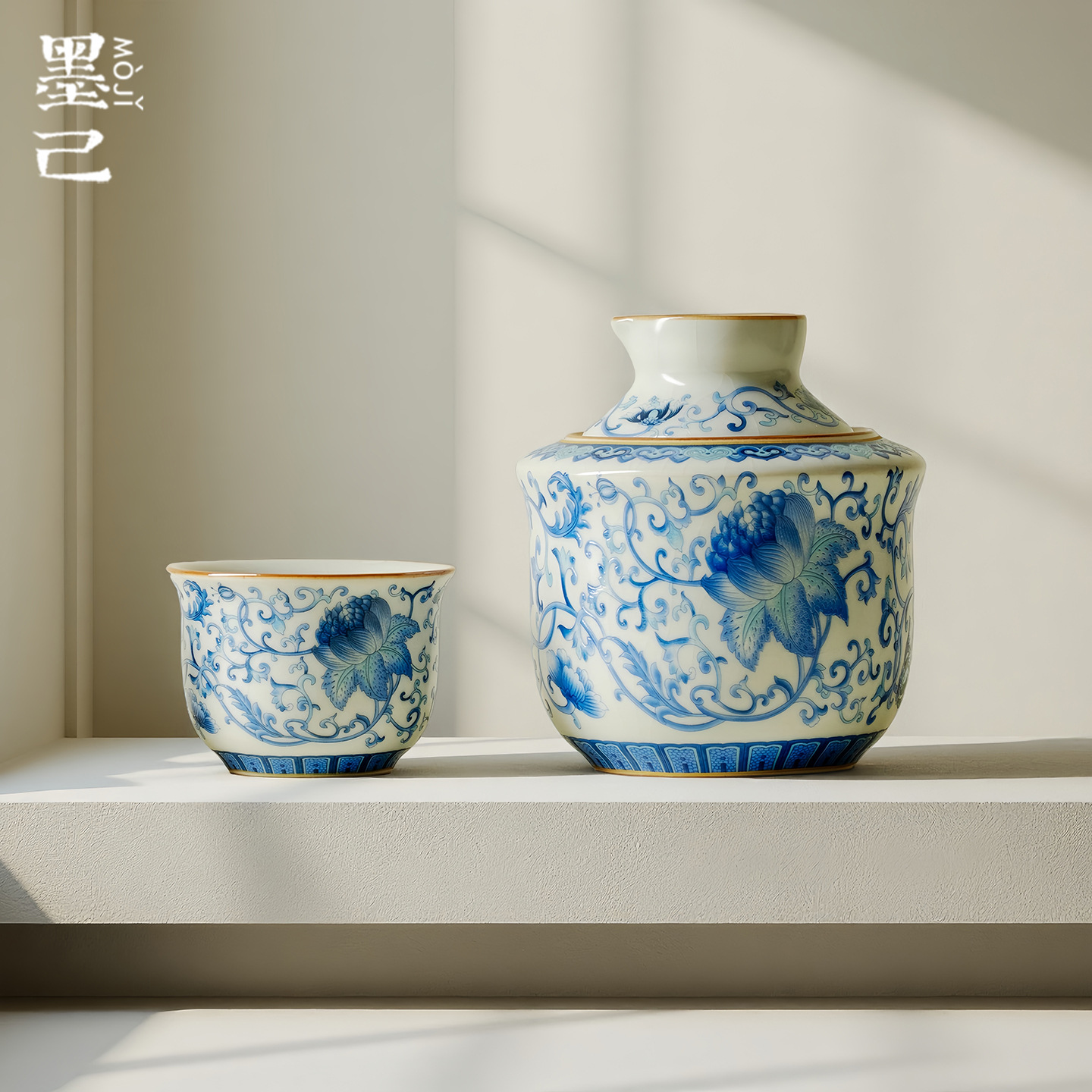 Подогреватель вина из голубой и белой керамики с узором лотоса для дома, подходит для подогрева вина и саке