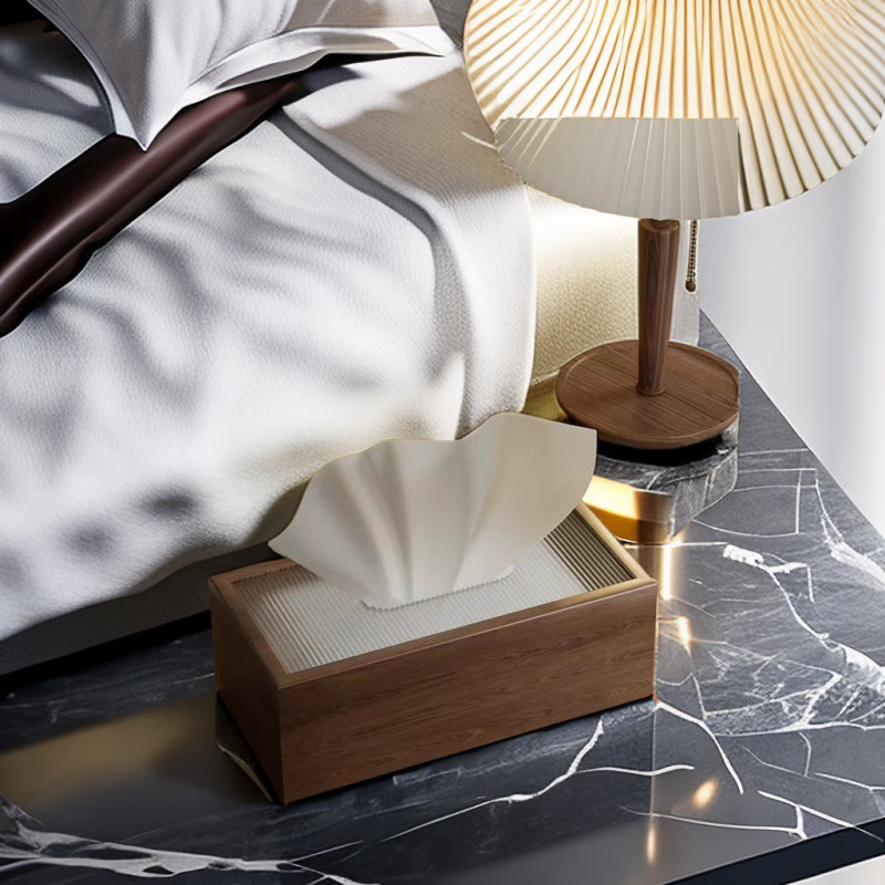 Desktop Tissue Box Hotel Commercial High-End Simple Chinese Paper Tissue Box Black Walnut Wood Grain Napkin Tissue Box