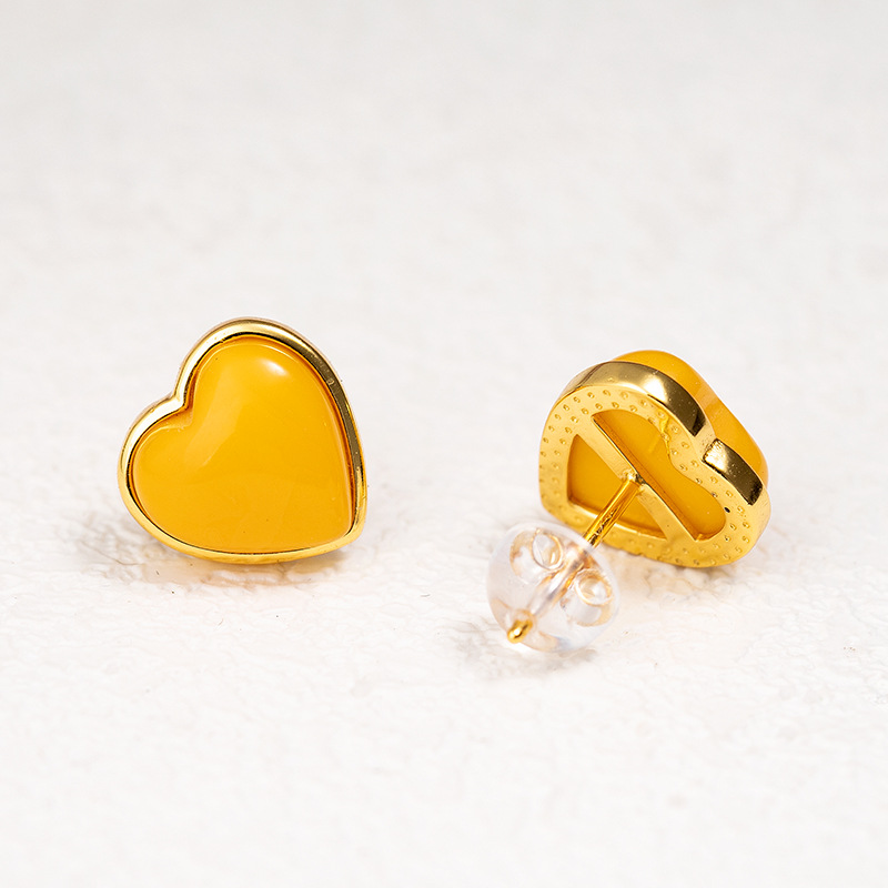 S925 Silver Inlaid Natural Amber Beeswax Blood Poe Round Square Earrings Ear Hook High-end Light Luxury Women's Earrings