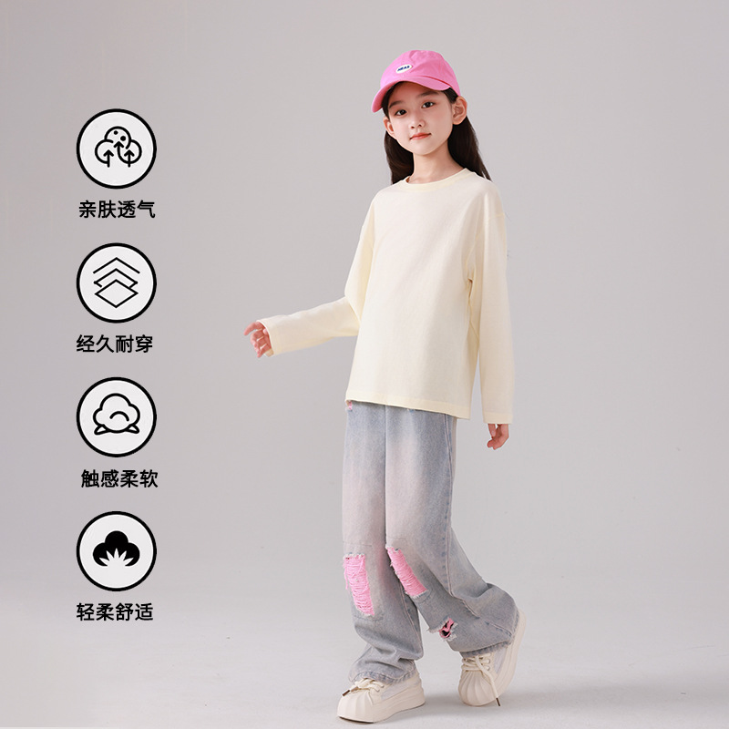 Children's Pure Cotton Long-Sleeve T-Shirt Solid Color Boys and Girls Advertising Shirt Plain Version for Older Children Base Shirt Printed Plain Top