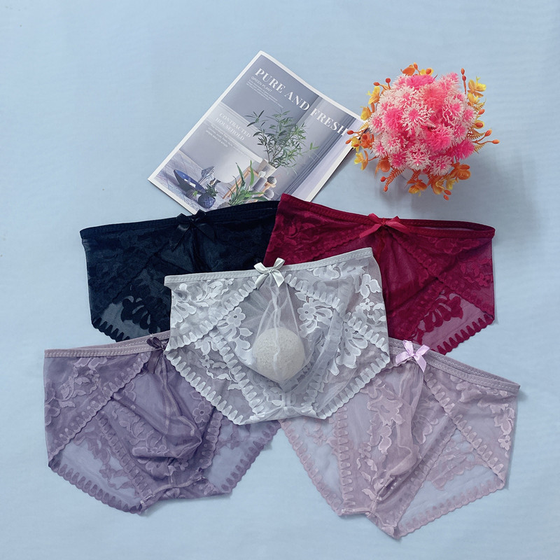 Explosive Ins Style Sexy Seductive Traceless Briefs Transparent U-Convex Distinctive Lace Men's plus size High-end Underwear