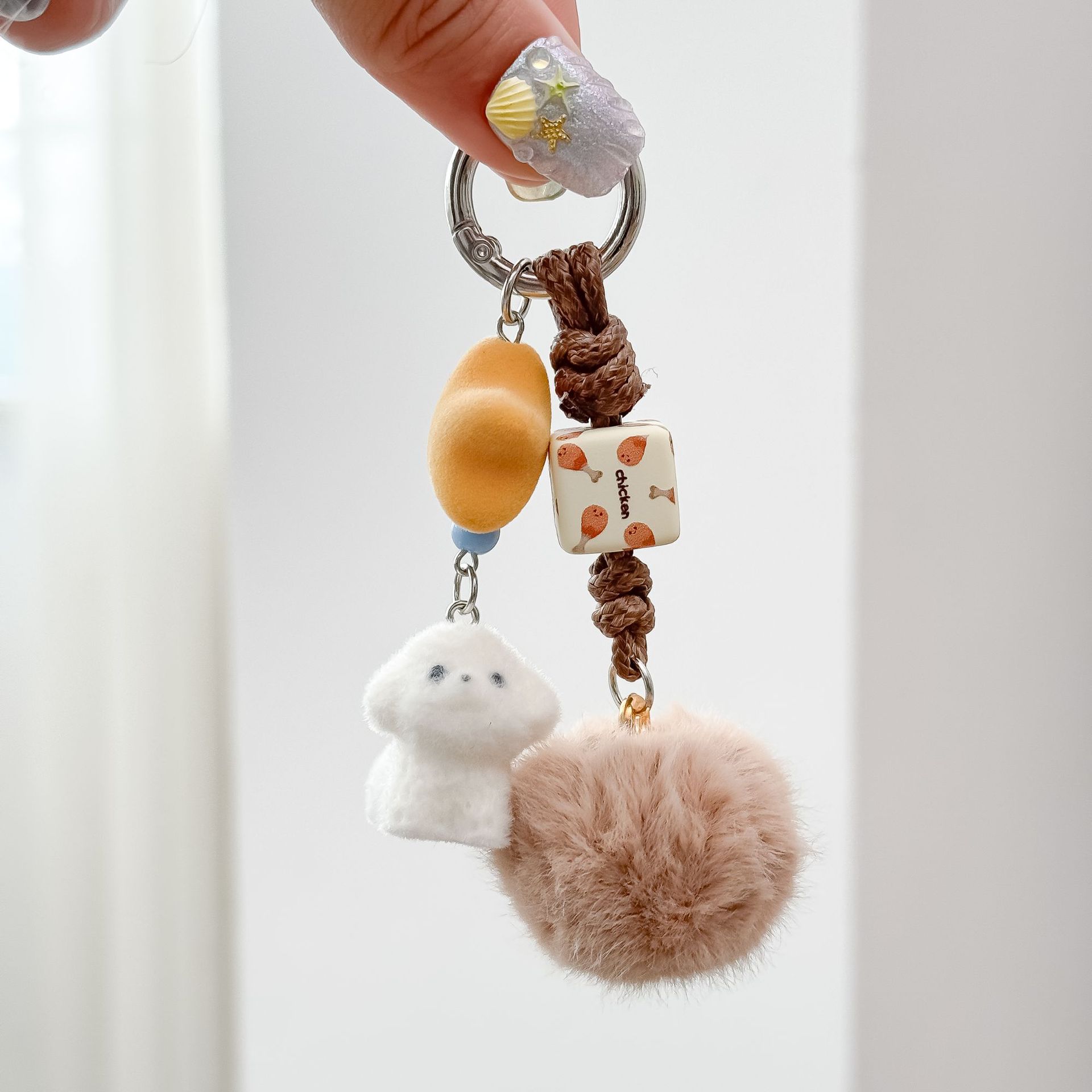 Korean-Style Cute Bear Pendant, Plush Puppy Car Keychain, Handmade Braided Rope Ornament, Pom-Pom Bag Pendant