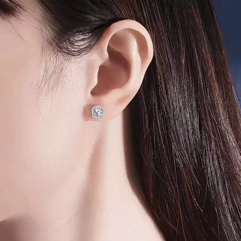 Pt950 Platinum Cultured Diamond Princess Bag Earrings for Women Simple Pierced Earrings Ear Jewelry Cross-Border Live Supply