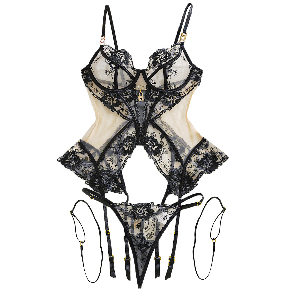 Amazon Cross-Border Hot Sale 2025 Popular See-Through Embroidery Splicing Mesh Body-Shaping Sexy Intimates Split Set