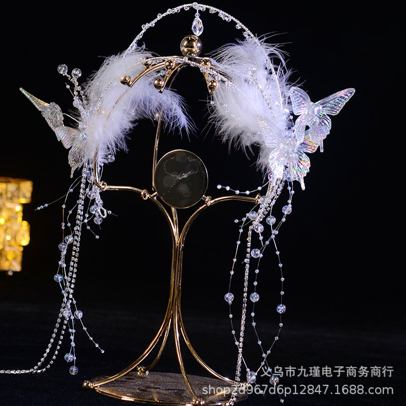 Аксессуар для волос в древнем стиле с перьями бабочки и стеклянными бусинами, свадебная диадема в лесном стиле для фотосессий и выступлений, аксессуар с кисточками, популярный лесной стиль