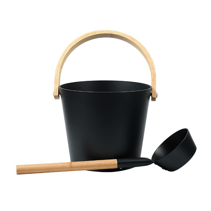 In Stock! Durable Model Sauna Aluminum Bucket, Aluminum Scoop, 5L Spray-Coated Aluminum Bucket, High Temperature Resistant, Black, White Wooden Handle